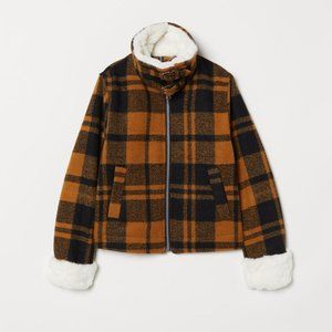H&M Tan and Black Plaid Fur Collar Jacket